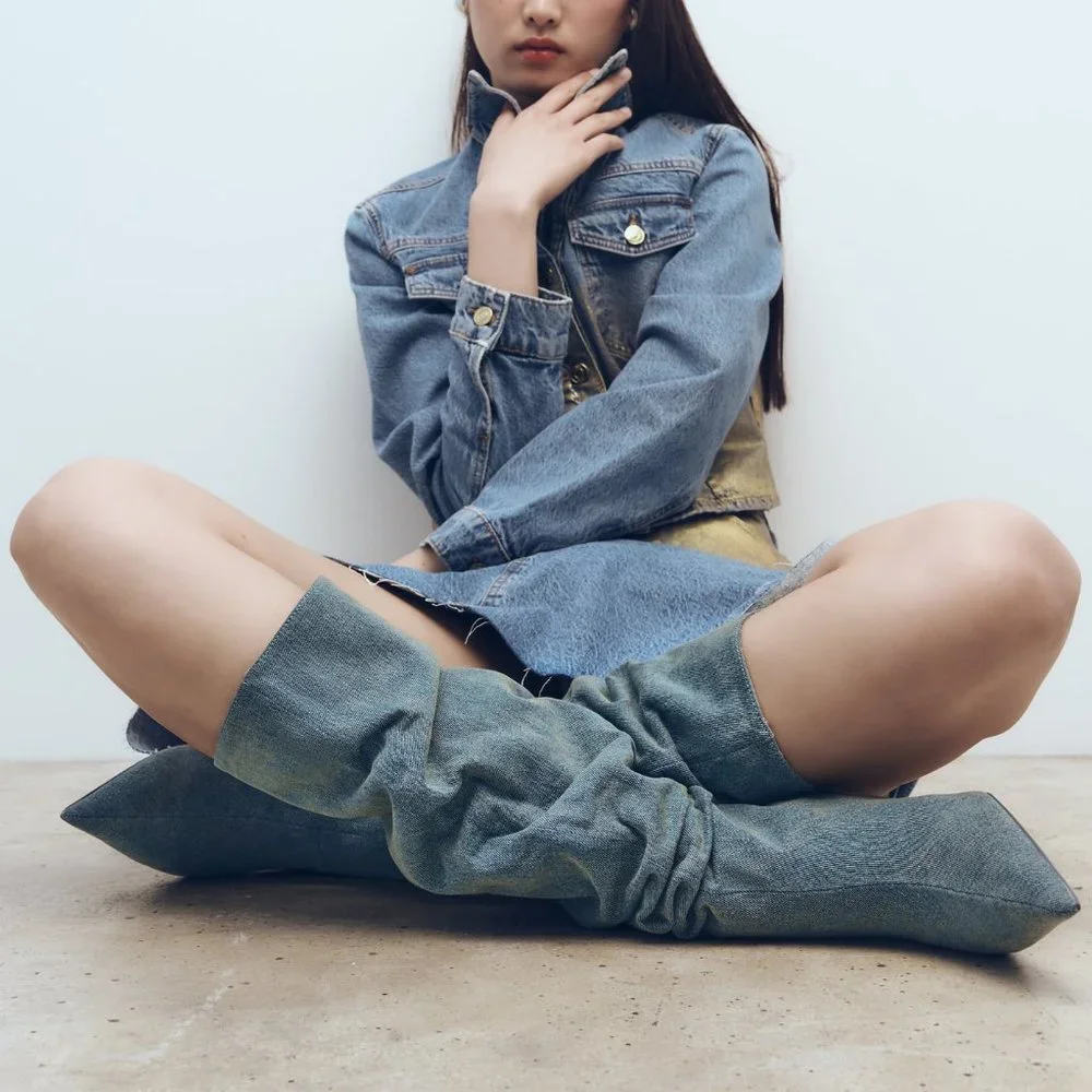 Zara Slouchy Denim Boots - Picture 2 of 8